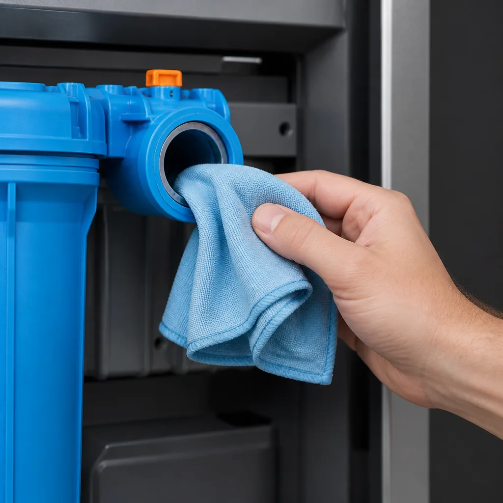 A close-up view of a person wiping down the internal water filter housing socket inside a refrigerator compartment.
