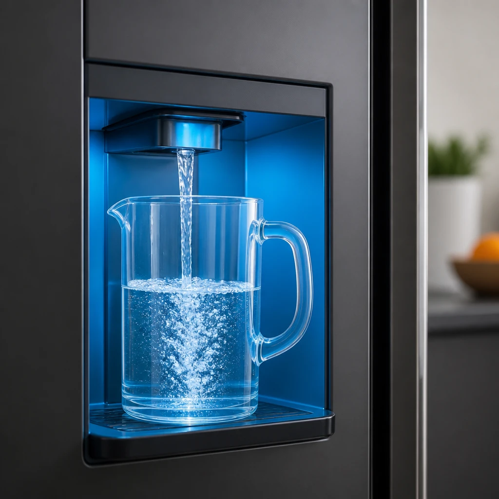 A clear glass pitcher catching water flowing from a refrigerator door water dispenser during a system flush.