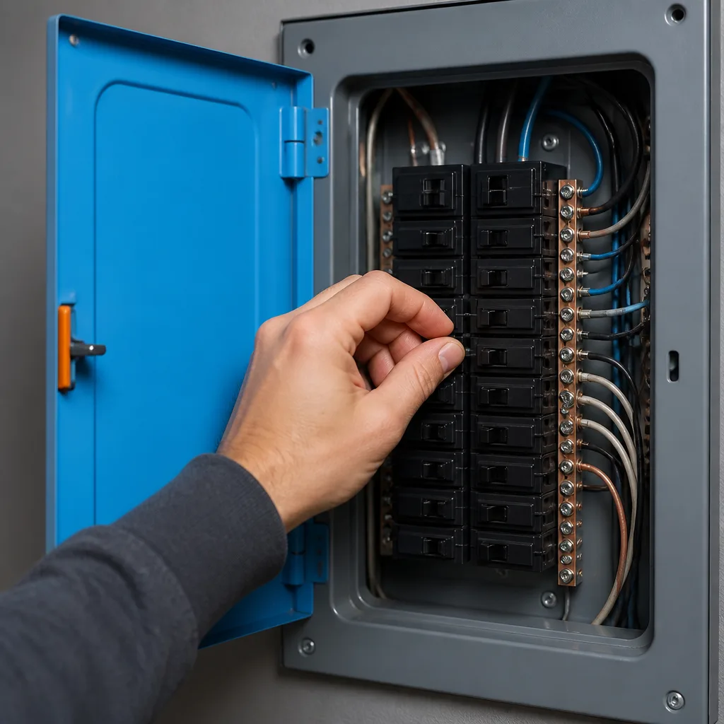A hand flipping one breaker switch off inside a home electrical panel.