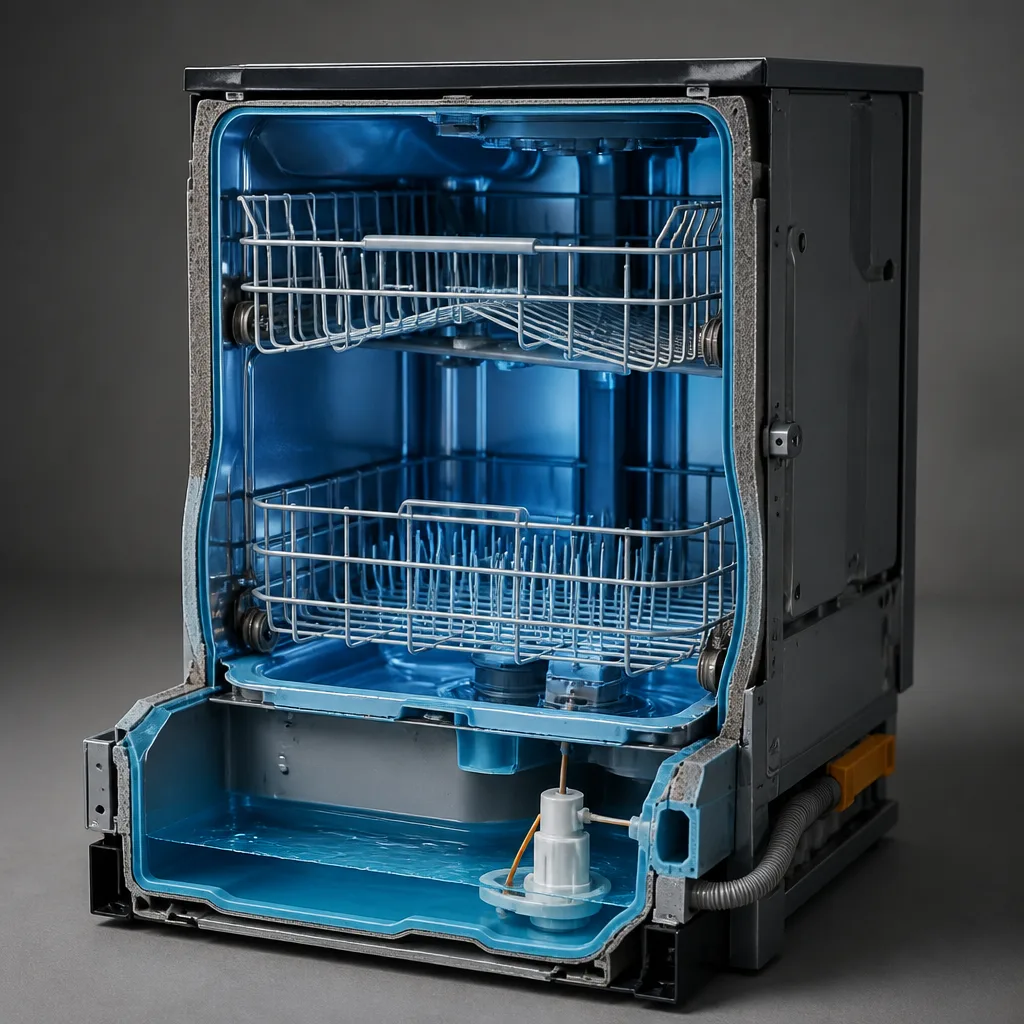 Cutaway drawing of a dishwasher base pan holding water, with the float switch raised by it.