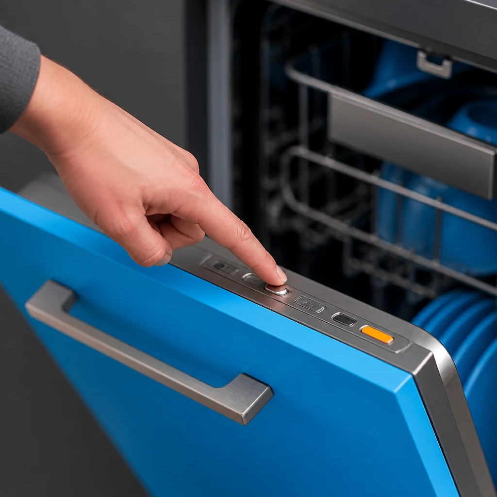 A finger holding down a single button on the control strip along the top edge of a dishwasher door.