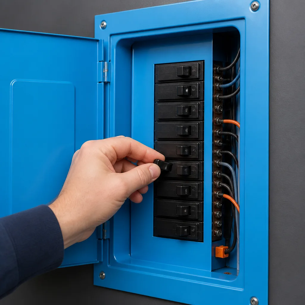 A hand switches off one breaker in an open home electrical panel while the other breakers stay on.