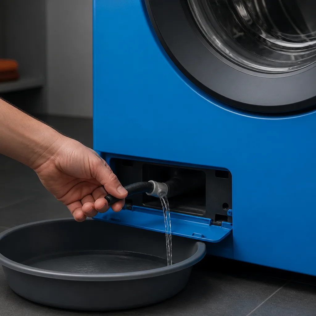 A hand pulls a short hose out from the bottom of a front-load washer and lets water run into a shallow pan.