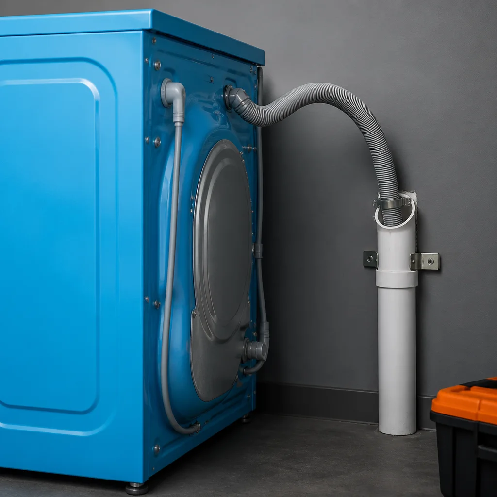 The corrugated drain hose at the back of a washer curves upward and enters a standpipe in the wall.