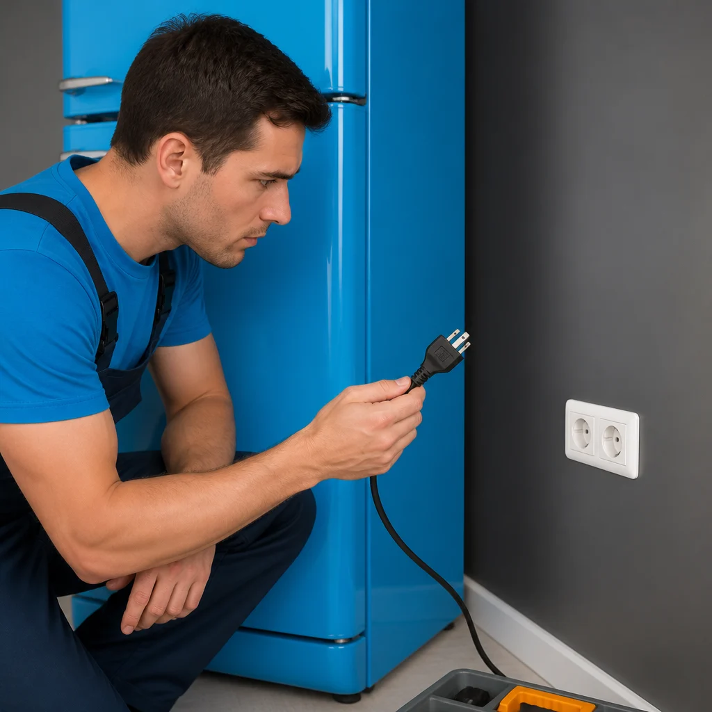 Person checking a refrigerator power plug at a wall outlet