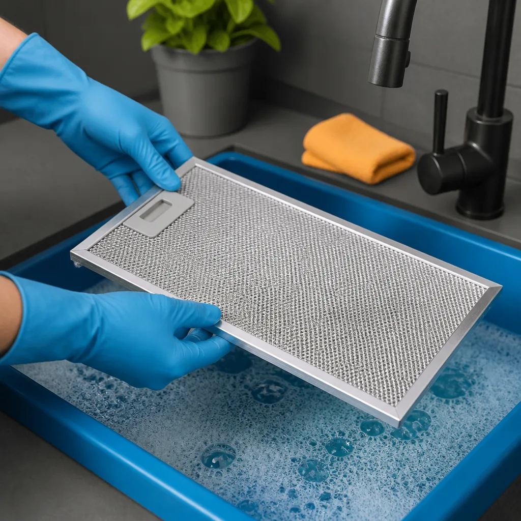 Hands soaking a metal range hood filter in soapy water