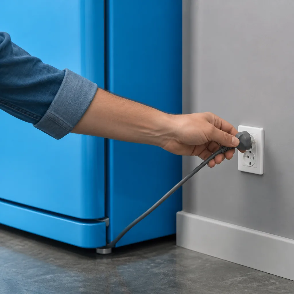 Person disconnecting a refrigerator power cord at the outlet