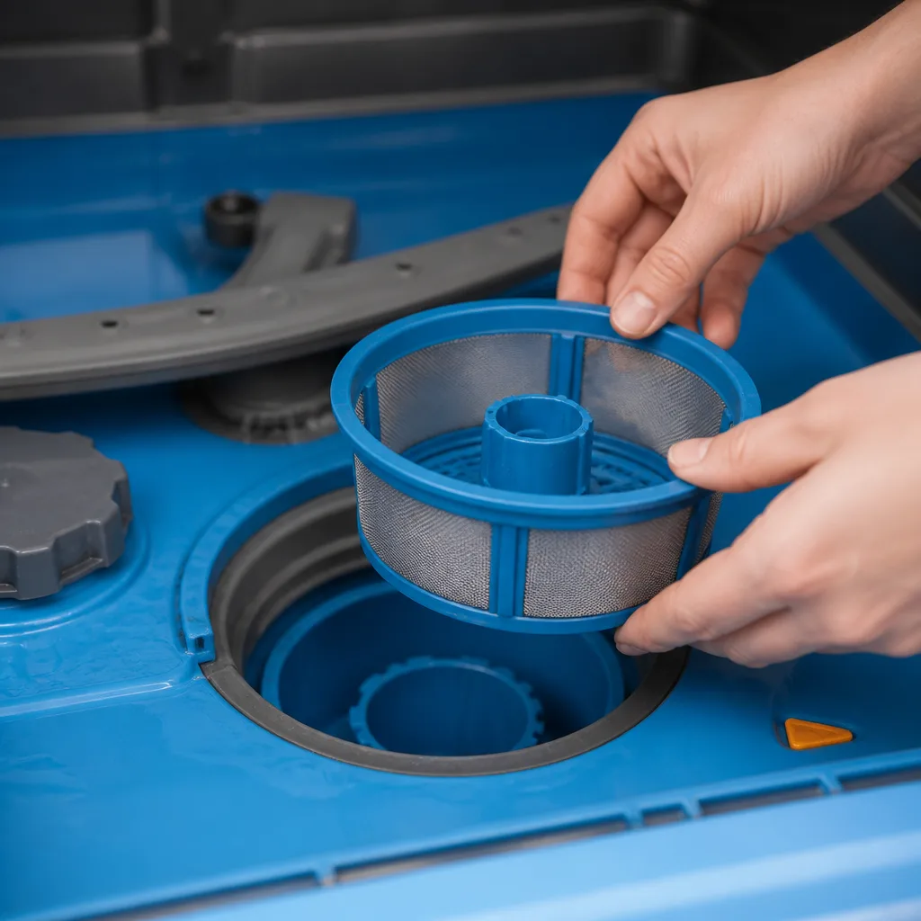 A removable cylindrical filter assembly being lifted out from the bottom of a dishwasher basin.