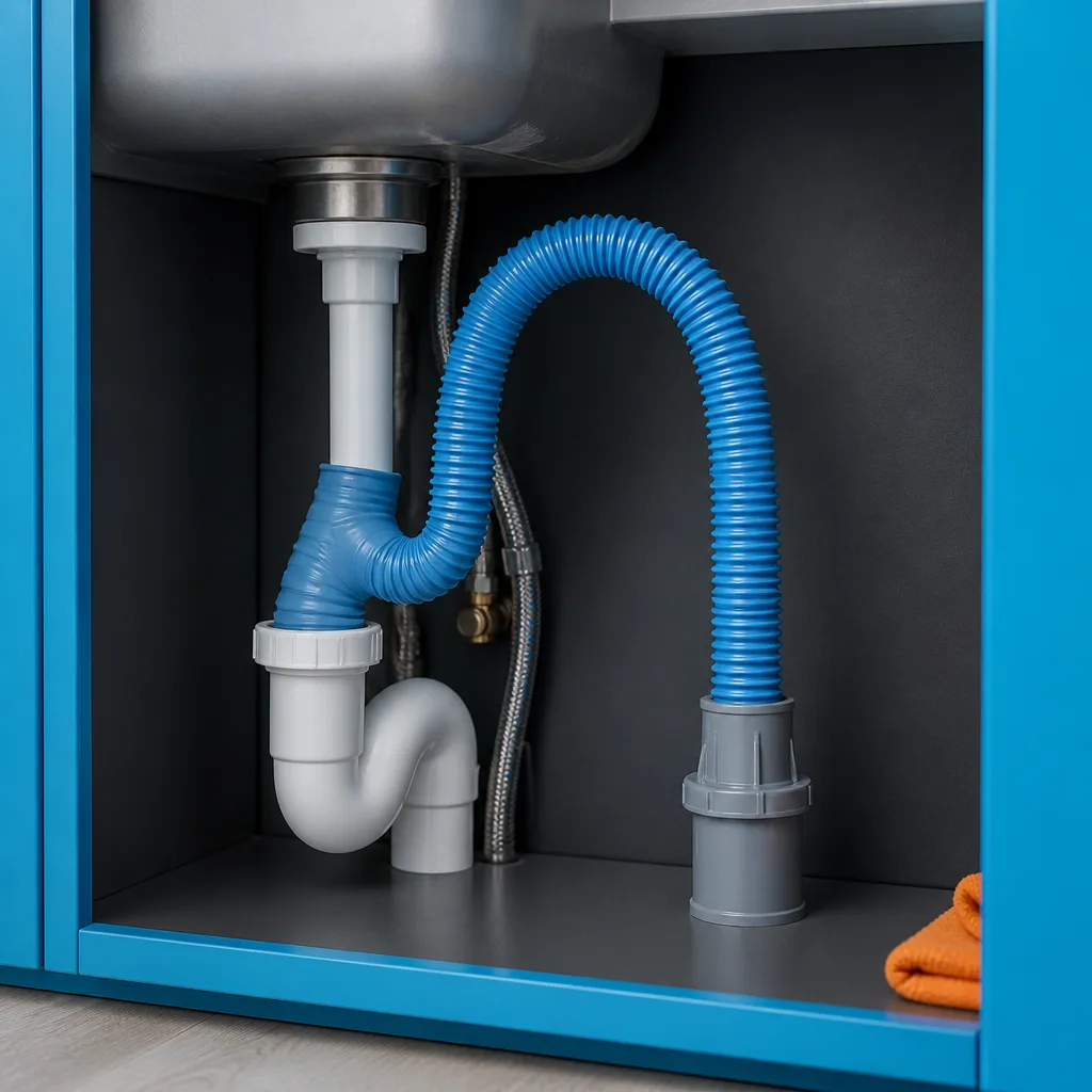 A flexible grey drain hose secured in a high loop under a sink cabinet.