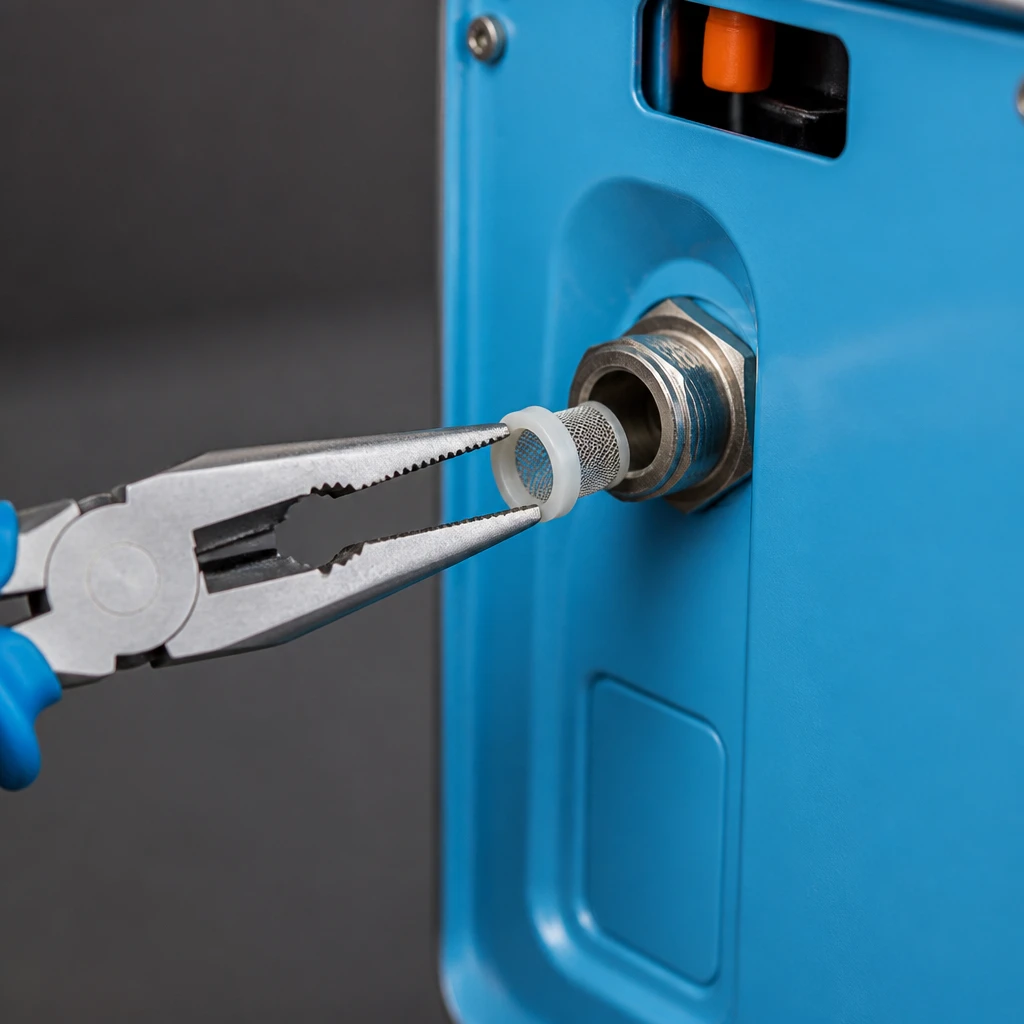 Needle-nose pliers extracting a mesh inlet filter screen from a water coupling on a washing machine.