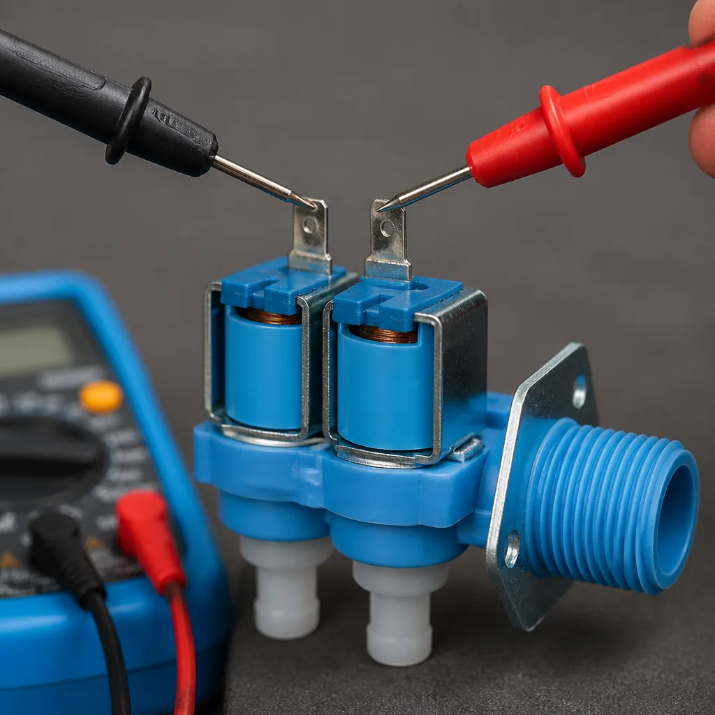 Multimeter test leads touching the electrical terminals of a water inlet valve solenoid coil.